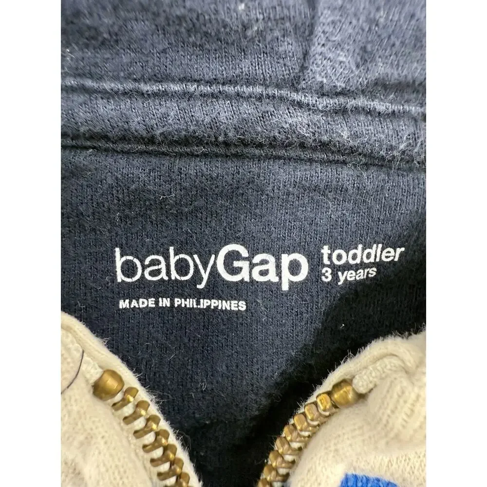 babyGap Toddler 3T Cream Zip Hoodie Blue Logo Letters Fleece‎ Lined EUC